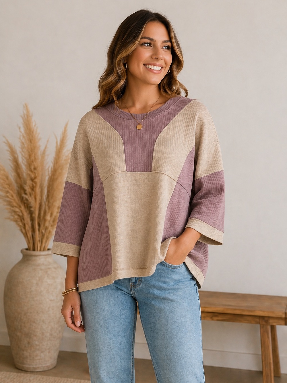 POL Oversized Colorblock Ribbed Knit Pullover Sweater Boho Mauve Tan S*